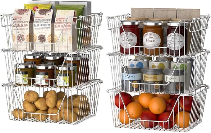 Slideep 14" Large Stackable Storage Baskets, Cabinet Organizer Sturdy Metal Wire Pantry Freezer Bin for Pantry Home Bathroom Kitchen Organization - Set of 8