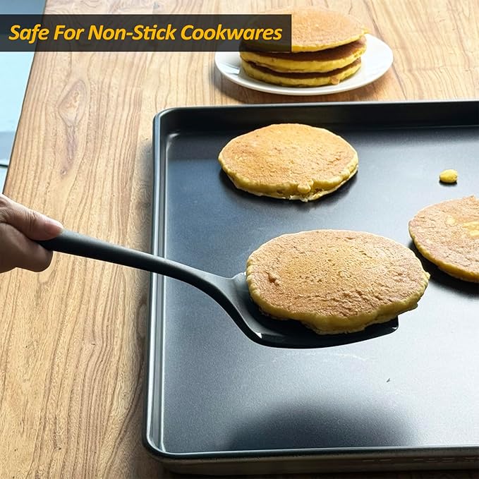 Silicone Pancake Spatula Turner with Lengthened Handle& Seamless Design, Heat Resistant Cooking Spatulas for Nonstick Cookware, Large Flexible Kitchen Utensils, Flipper for Egg, Pancake, Burger, Black