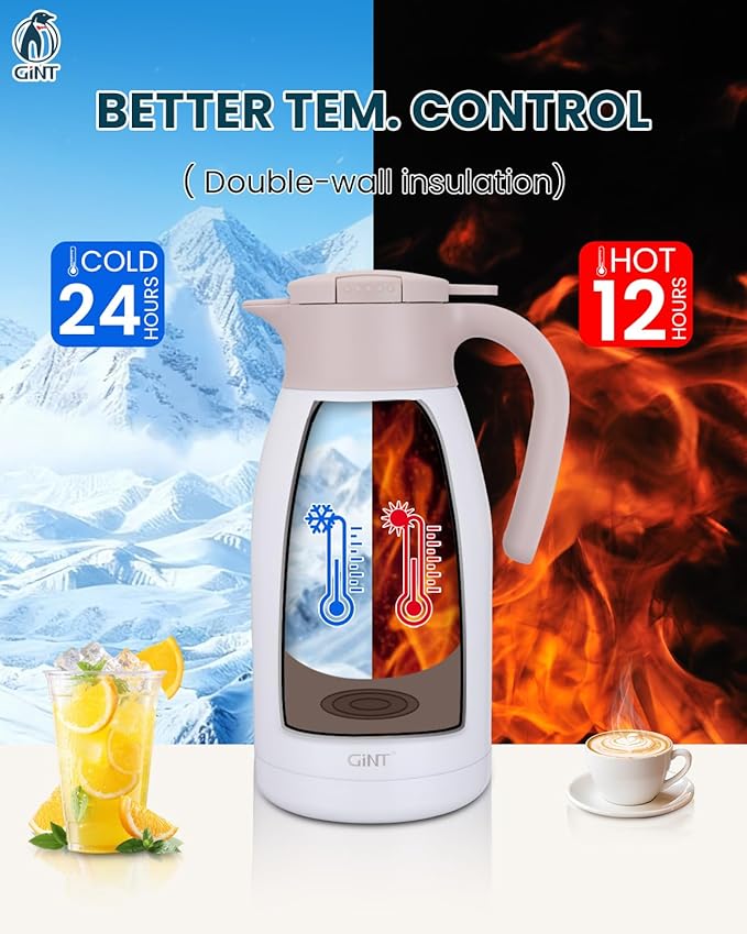 GiNT 1.9L / 64Oz Thermal Coffee Carafe, Insulated Stainless Steel Coffee Carafes for Keeping Hot/Double Walled Vacuum Thermal Carafe (White)