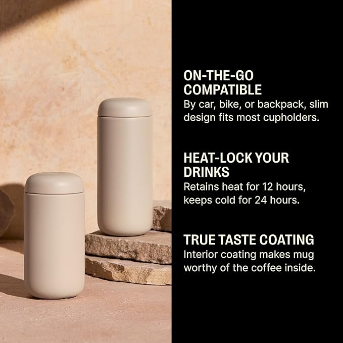 Fellow 16 oz Carter Move Travel Mug - Vacuum-Insulated Stainless Steel Travel Coffee Mug - Coffee Tumbler with Ceramic Interior and Splash Guard - Sand Dune