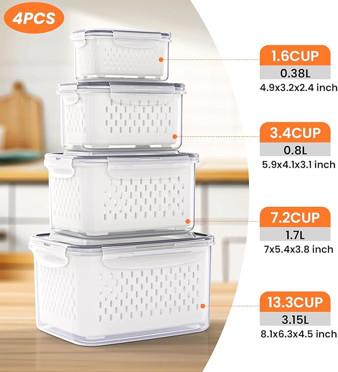 4 PCS Fruit Storage Containers for Fridge with Lids and Strainer, Fruit Containers for Fridge,Plastic Fresh Produce Saver Keeper for Vegetable Fruit Salad, BPA Free Fruit Organizer for Refrigerator