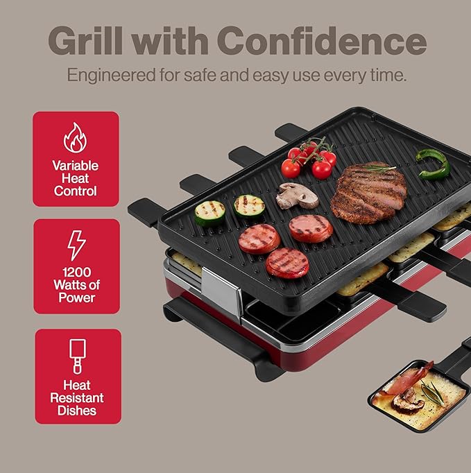 Swissmar Classic 8-Person Raclette Party Grill with Reversible Cast Iron Grill Plate/Crepe Top, Indoor Electric Raclette Grill & Griller - Red