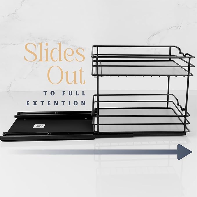 Pull Out Cabinet Organizer for Spices, Cans - Heavy Duty with Lifetime Limited Warranty- Pull Out Spice Rack- Cabinet Pull Out Shelf for Cans,Dishes, Etc, 20-3/8"Wx 10-1/2"D x 2-3/4” H, Black