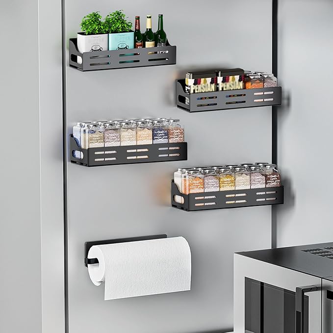 Carwiner 5 Pack Magnetic Spice Rack for Refrigerator with Paper Towel Holder, Strong Magnetic Fridge Shelf, Rustproof Side Fridge Storage Rack for Kitchen