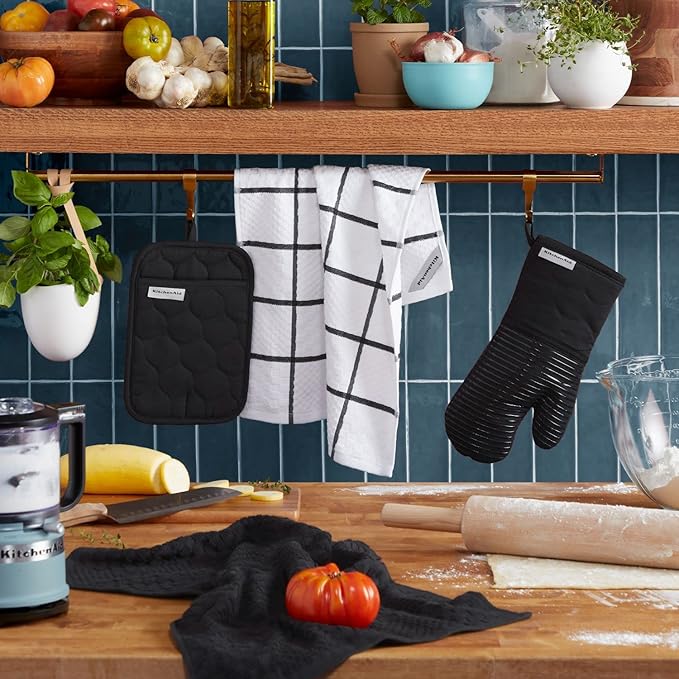 KitchenAid Quilted Cotton Terry Cloth Oven Mitt, Pot Holder, Kitchen Towel 4-Pack Set, Heat Resistant, Silicone Grip, Gift Set, Matte Black, 16"x26", 7"x13" & 7"x10"
