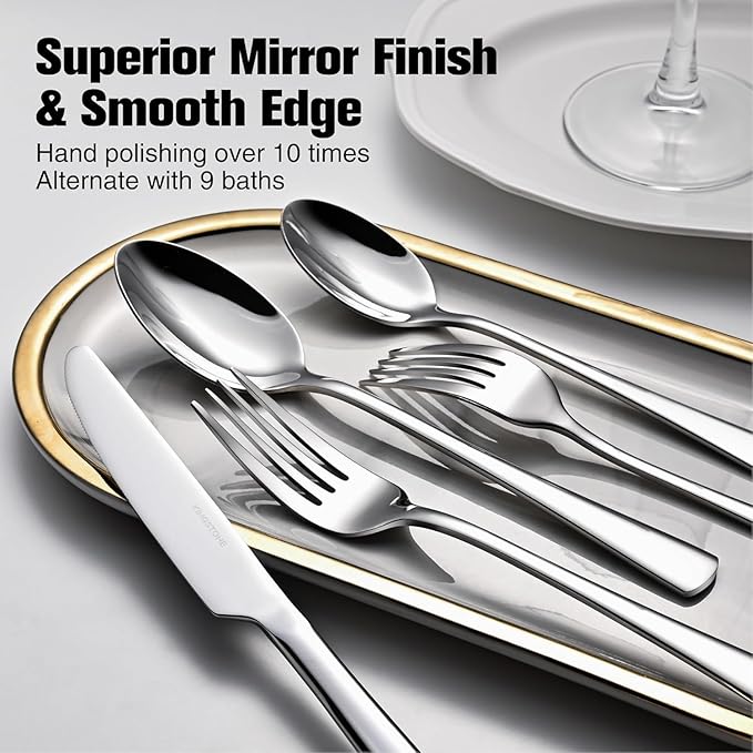KINGSTONE 18/10 Stainless Steel Flatware, 10-Piece Forged Silverware Set for 2, Mirror Polished Cutlery Set Dishwaher Safe for Home, Restaurant, Wedding, Party