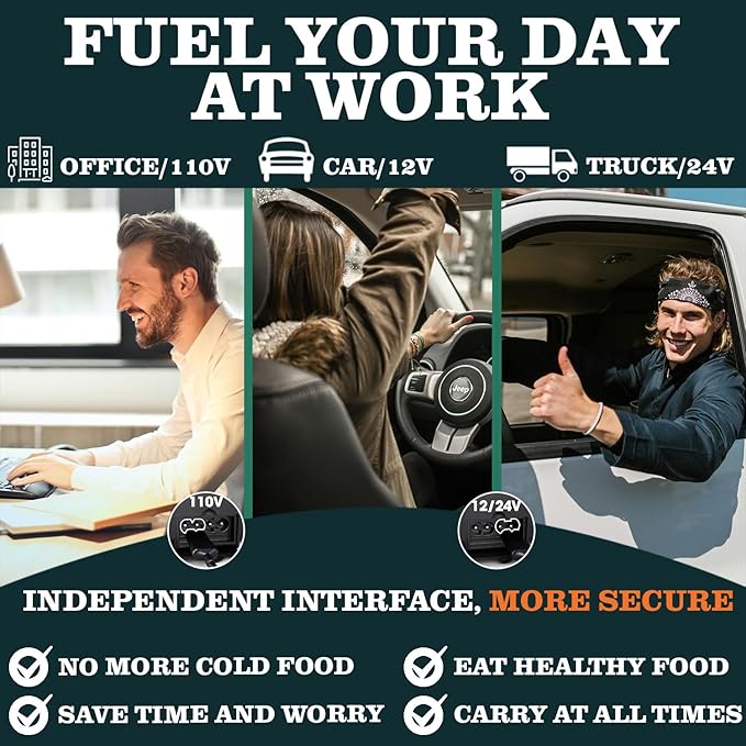 Buddew Electric Heated Lunch Box for Adults - 80W Fast Heating, 1.5L Food-Grade Stainless Steel, 12V/24V/110V Portable Food Warmer for Work Travel Car, Lonchera Electrica Portatil