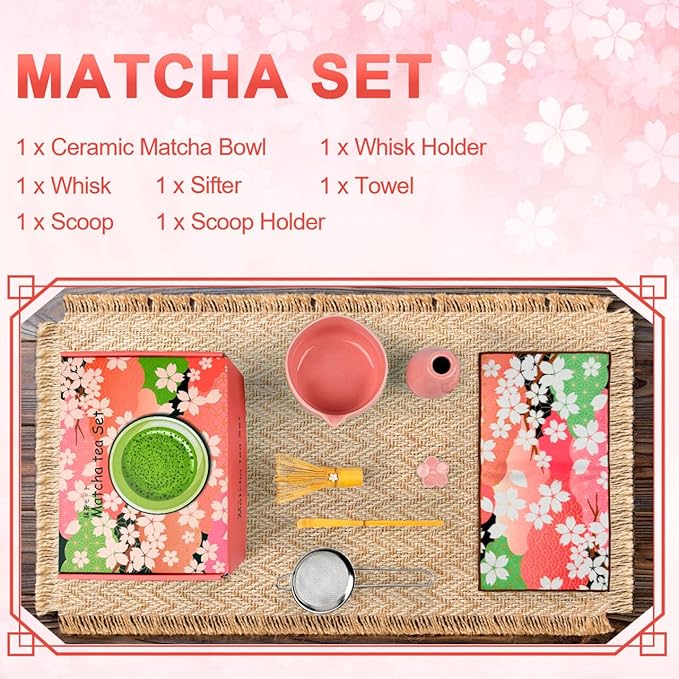 Matcha Set–7-Piece Set Including Matcha Bowl with Spout, Whisk, Chasen Holder, Sifter, Bamboo Scoop,Scoop Stand,wood spoon(Daisy Pink)–Perfect for Matcha Lovers&Tea Ceremonies