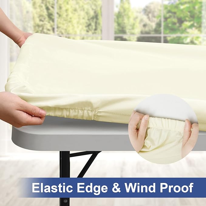 homing Rectangle Table Cloth Cover, Waterproof Polyester Elastic Fitted Tablecloth, Fits for 4 Foot Folding Tables, Washable Table Protector for Picnic, Camping, Outdoor (Cream Yellow, 30" x 48")