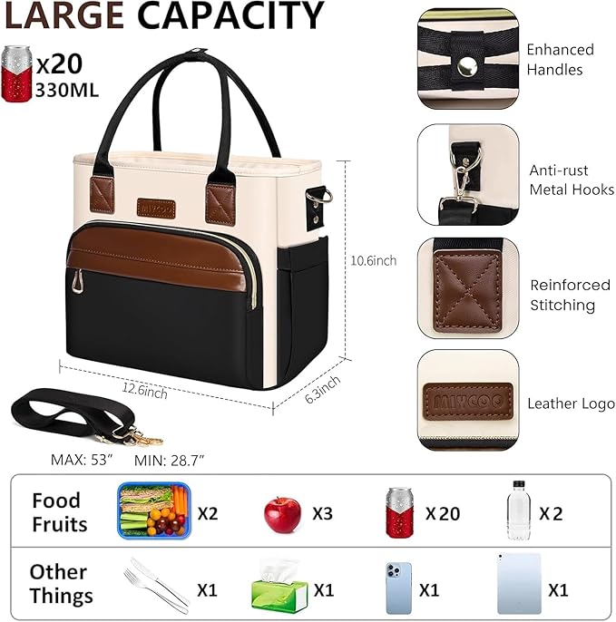 Lunch Bag Lunch Box Women - Leakproof Insulated Lunch Cooler Bag for Women - Large Lunch Tote Bags Adults, Black with Off White with Brown