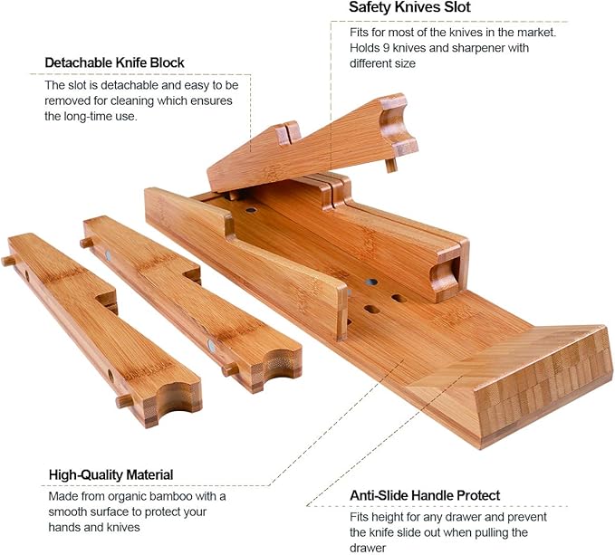 NIUXX Bamboo In-Drawer Knife Block Set for 9 Knives(Not Included), Large Kitchen Detachable Washable Cutlery Slot Organizer Storage Holder for Sharpening Steel and Cutter