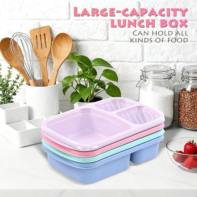 4 Pack Adult Lunch Box Set, Reusable 3-compartment food containers, Microwave and Dishwasher Safe (4 light color)