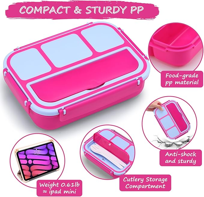 QQKO Bento Box for Kids Adults, School Toddler Lunch Box for Boys Girls, Lunch Box Containers with 4 Compartments, Sauce Container, Utensils, Food Picks and Muffin Cups for School, Pink Blue
