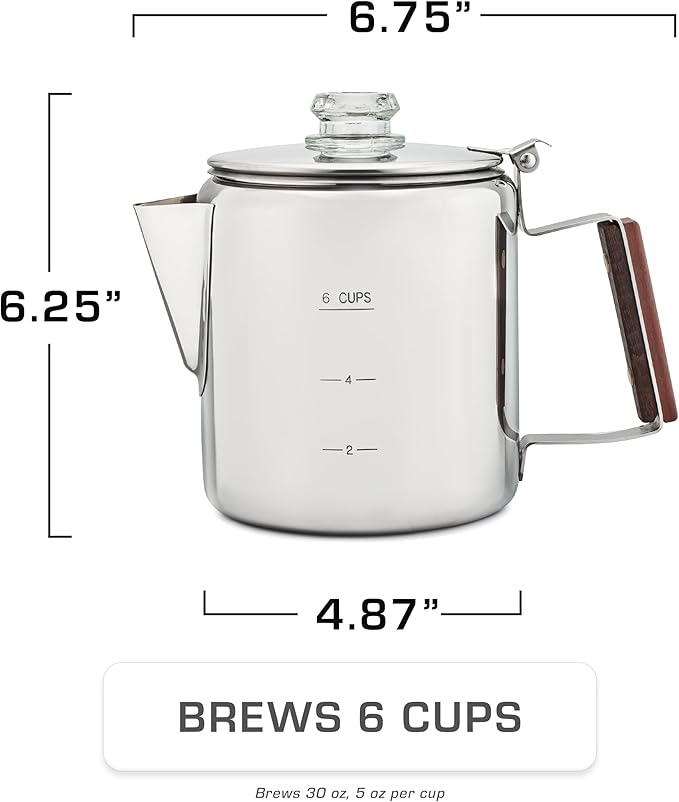 COLETTI Bozeman Percolator Coffee Pot — NO Aluminum or Plastic [6 cup]