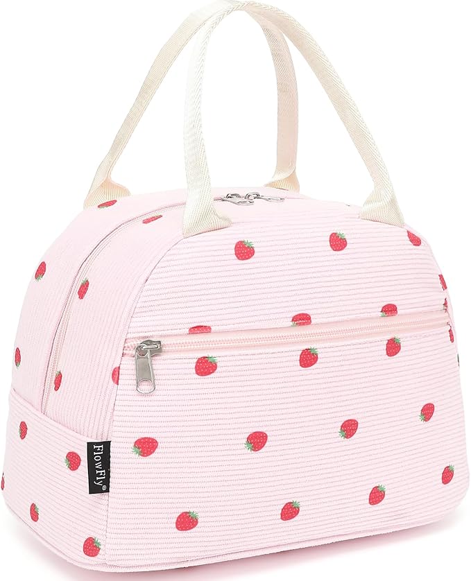 FlowFly Insulated Lunch Bag for Women – Corduroy Lunch Tote Box, Cute Cooler Bag for Work, Travel, Picnic,Corduroy Strawberries Pink