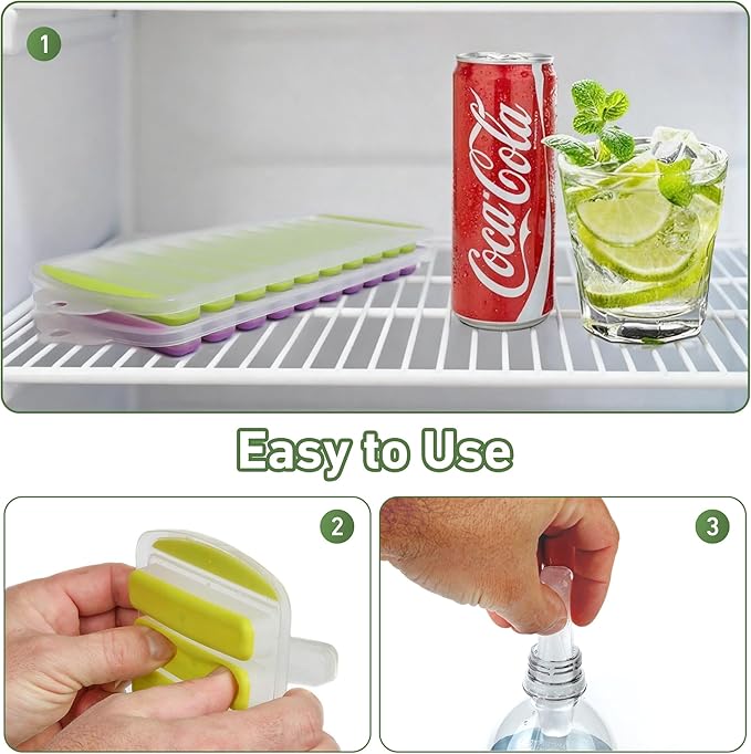 Lily's Home Silicone Ice Cube Tray with Lid Set of 2, BPA-Free, Ideal for Water Bottles & Sports Bottles, Flexible & Stackable Design for Quick Release, Ice Cube Trays for Freezer(11.81"*4.72"*0.95")