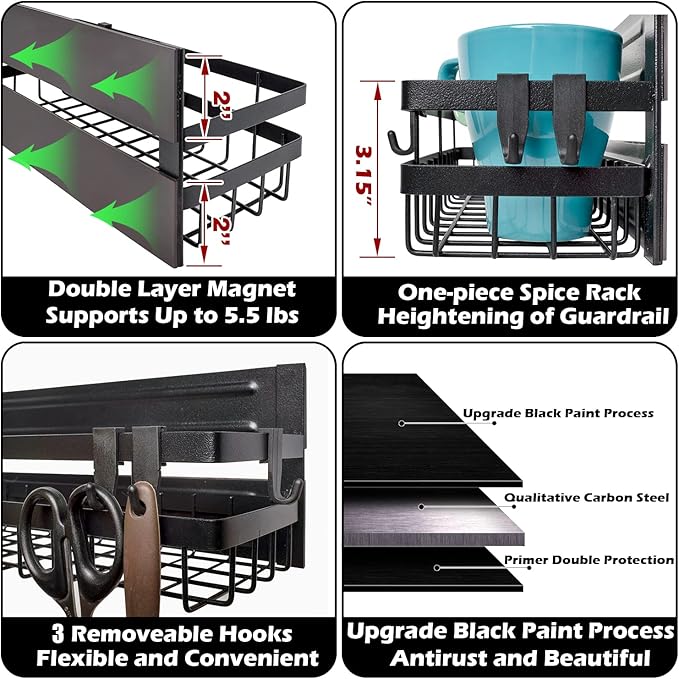 Sleclean Magnetic Spice Rack Organizer for Refrigerator, Pack of 2, Fridge Organizer Shelf, Refrigerator Organizers and Storage, Multi Use Kitchen Magnetic Shelf,11.8"x4.5"x4.3",Black