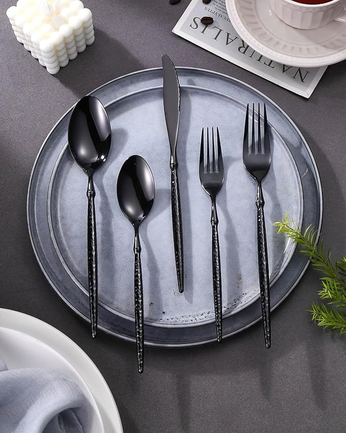 Lemeya 20-Piece Hammered Black Silverware Set,18/10 Stainless Steel Forging Heavy Duty Cutlery Set for 4, Luxury Unique Flatware Set,Spoons and Forks Set,Mirror Polished,Dishwasher Safe