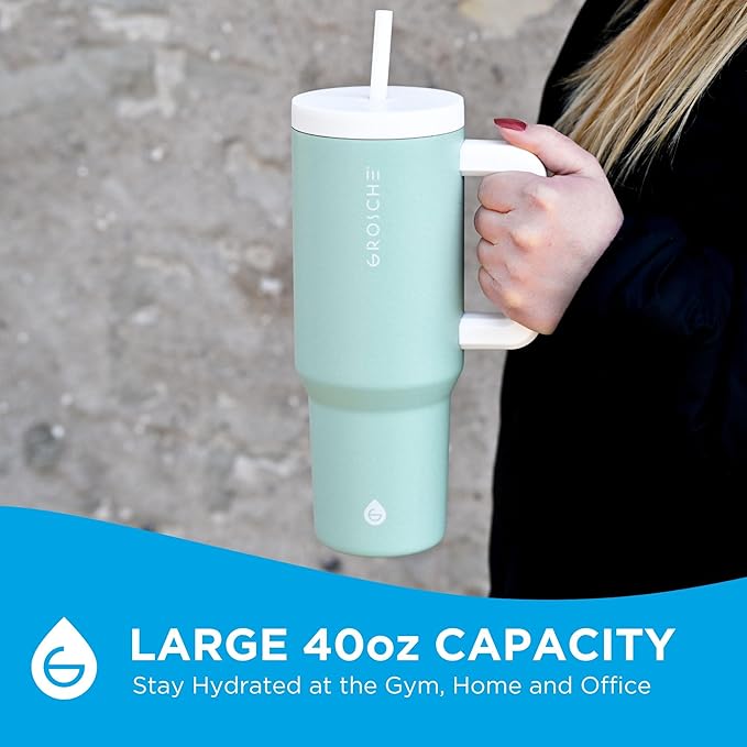 GROSCHE ASPEN 40 oz tumbler with handle and straw. Extreme insulation, classy design, built to last insulated stainless steel tumbler with handle, lid and straw - Seafoam Green