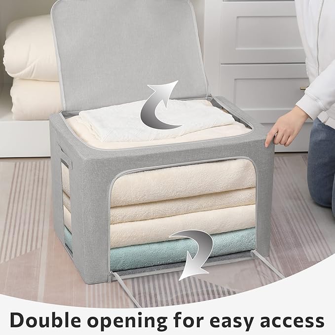 FHSQX 2 Pack Clothes Storage Bins Stackable Metal Frame Storage Box Large Capacity Foldable Linen Fabric Box Organizer with Carrying Handles and Clear Window (Light Gray, 19.7x 15.7x 12.6 Inch)