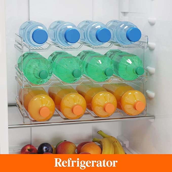 Lifewit Stackable Water Bottle Organizer for Cabinet, Plastic Bottle Holder Fits Bottles & Tumblers up to 3.8" Diameter, Pantry, Countertop & Fridge, 3 Tier Holds 12 Bottles, 2 Pack