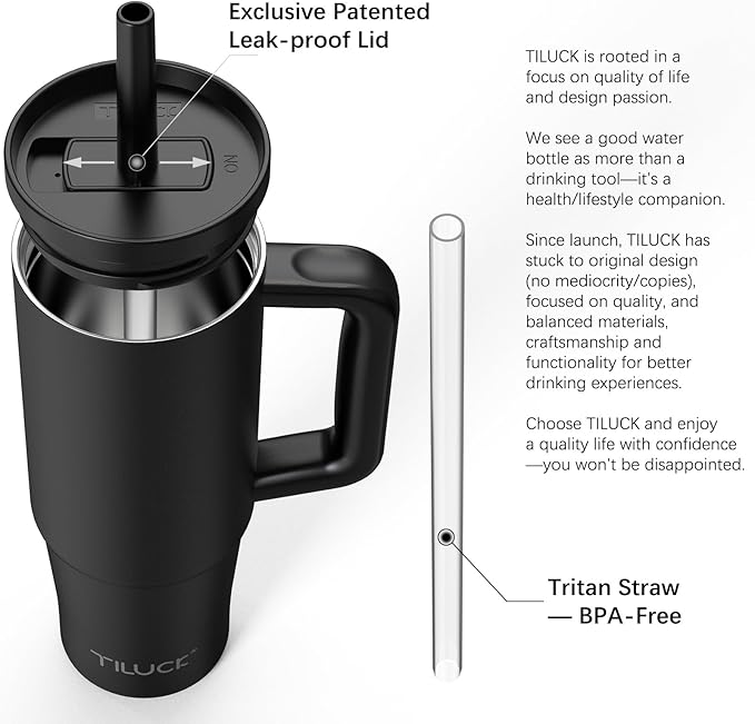 TILUCK 30 oz Tumbler with Handle, Vacuum Insulated Stainless Steel Travel Mug with 100% Leak-Proof Silicone Straw Lid, Cupholder Friendly Water Bottle(MidnightBlack, 30oz)