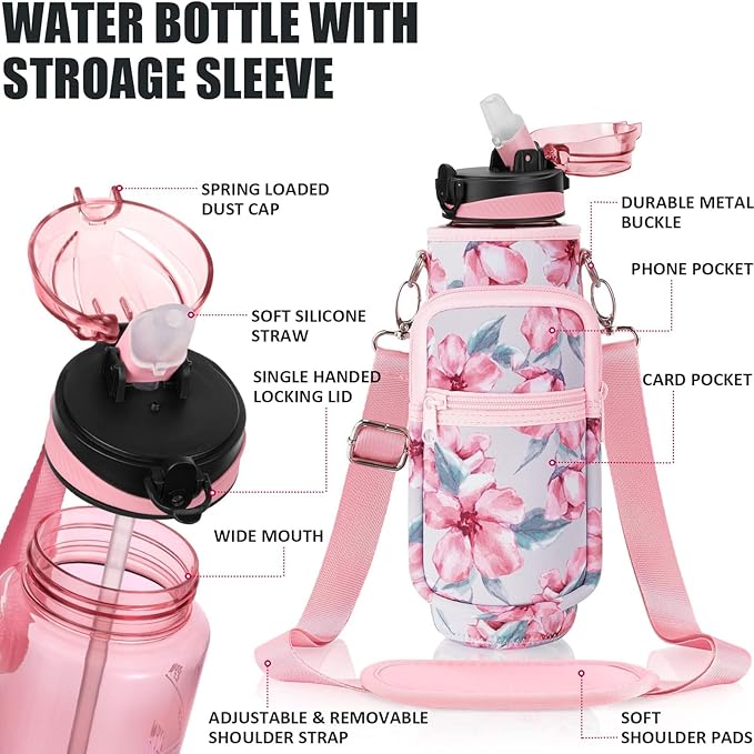Fimibuke 32 oz Water Bottle with Sleeve - BPA Free Leakproof Sport Large 1L Plastic Motivational Water Bottle with Straw Strap & Insulated Neoprene Holder Carrier Bag Great Xmas Gift for Women Men