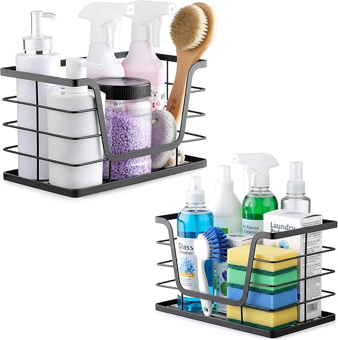 ALOCEO 2 Pack Storage Stackable Kitchen Laundry Organizers with Bamboo Top, Large Trash Bag Holder and Small Garbage Bag Dispenser for Countertop Organization