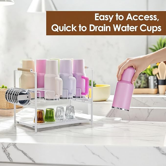Housolution Water Bottle Organizer Drying Rack for 40 oz Tumbler with Handle, Multifunctional Cup Storage Holder Compatible with Stanley, Owala, Simple Modern and Other Brands, White (Patented)