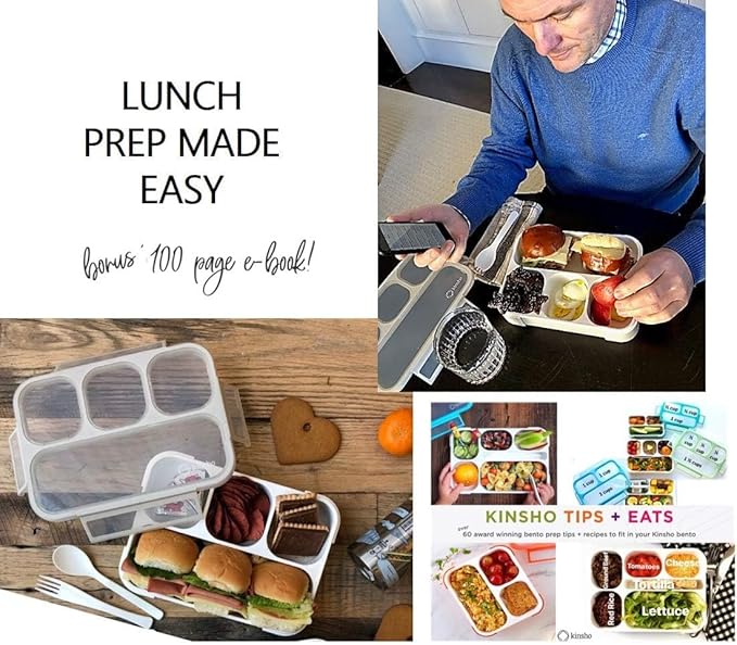 kinsho Bento Lunch Box Container for Kids Adults, Portion Control Meal Prep and Snack Containers, Japanese Style Boxes with 4 Compartments for Boys Girls Teens, School Work and Travel | Grey