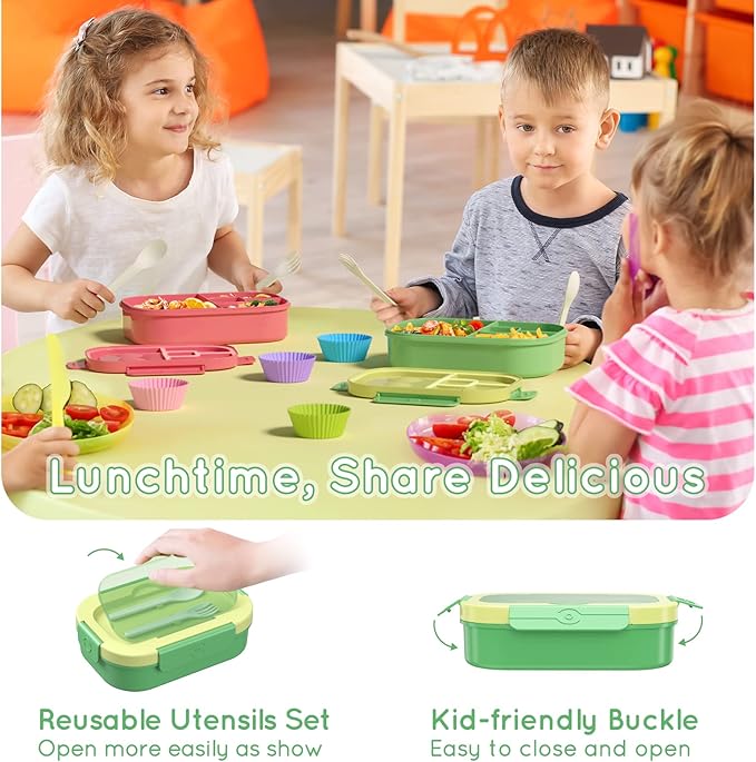 Bento Lunch Box Leakproof 44oz Kids Lunch Box Containers with 4 Compartment, Bento-Style Lunch Bento Box with Cutlery, Reusable Kid Back to School Meal/Snack Packing BPA Free (Green)
