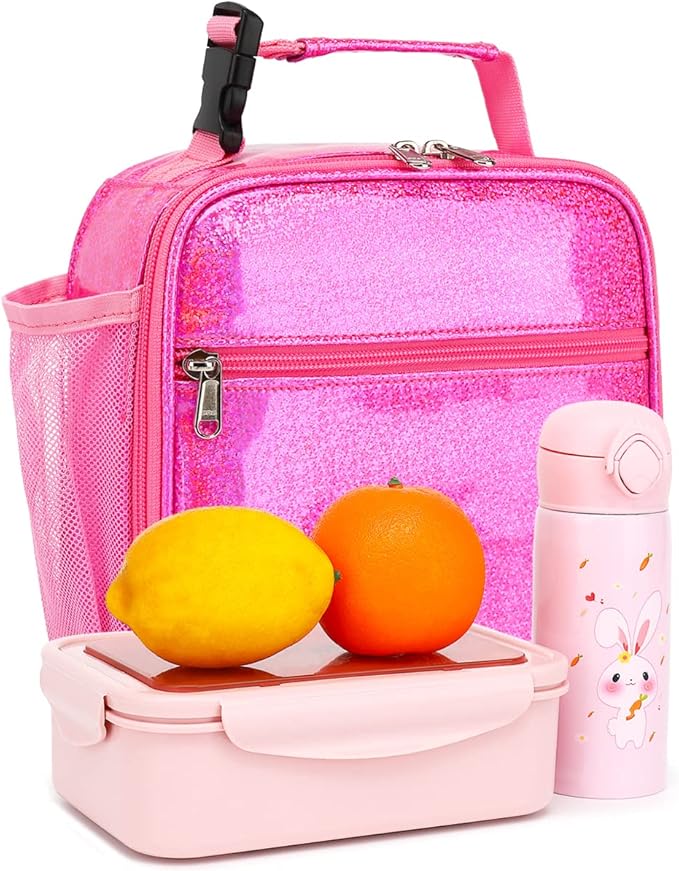 FlowFly Kids Lunch box Insulated Soft Bag Mini Cooler Back to School Thermal Meal Tote Kit for Girls, Boys, PU Pink
