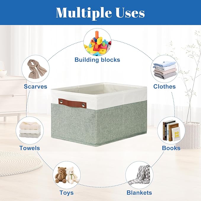 Temary Storage Bins Storage Baskets 4Pack Fabric Storage Bins for Shelves with Dual Leather Handles Canvas Storage Boxes for Organizing Home, Shelf, Closet (White&Green)