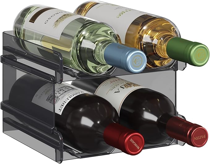 Lifewit Plastic Stackable Wine Rack for refrigerator, Cabinet, Countertop,Wine Bottle Holder, Water Bottle Organizer for Fridge, Pantry, Black, Hold 4 Bottles