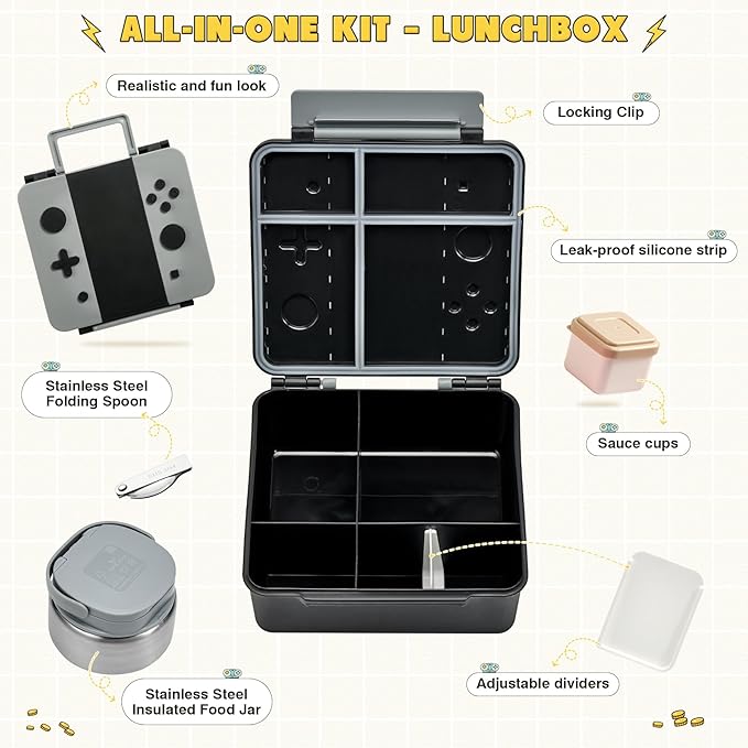 Game Bento Box for Kids, Lunch Box with Thermo(9oz Food Jar), Folding Spoon, Removable Divider & Sauce Cup, Lunch Box Kids for School,Travel, BPA-Free & Realistic Shape(Grey)