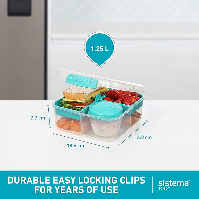 Sistema To Go Collection Bento Box Cube Plastic Lunch and Food Storage Container, 5.3 Cup, Multi-Compartment, Color Varies, BPA Free