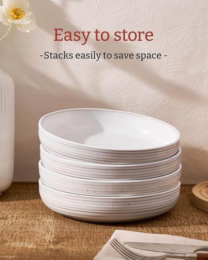 famiware Milkyway 33 oz Bowl Set, Pasta Bowls Set of 4, Salad Bowls, Double Reactive Glaze, Sturdy & Stackable, Ideal for Housewarming, Festivals, White with Speckles