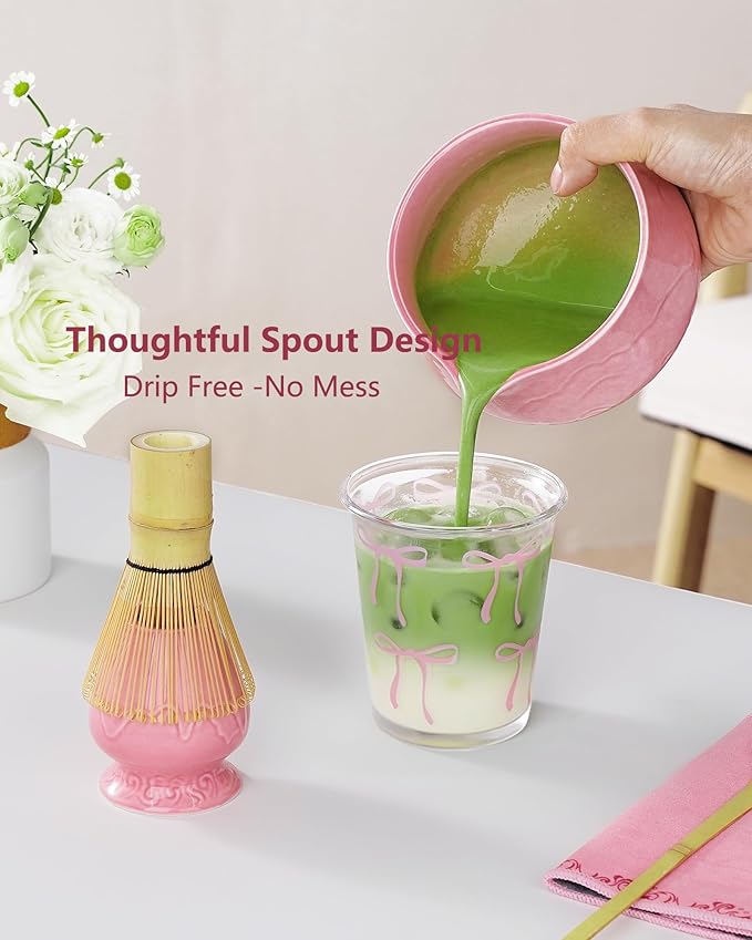 ZENS Pink Matcha Set, Matcha Whisk Set Includes Ceramic Bowl, Matcha Whisk and Chasen Holder, Bamboo Scoop-Tea Towel, 5pcs Matcha Kit Set for Matcha Lovers, Sakura Pink