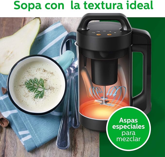 Philips Viva Collection SoupMaker, 1.2 L, Makes 2-4 servings, 6 Pre-set Programs, SoupPro Technology, Soup in Less than 18 Minutes, Eeasy Clean, Recipe Book, Black and Stainless Steel (HR2204/70)