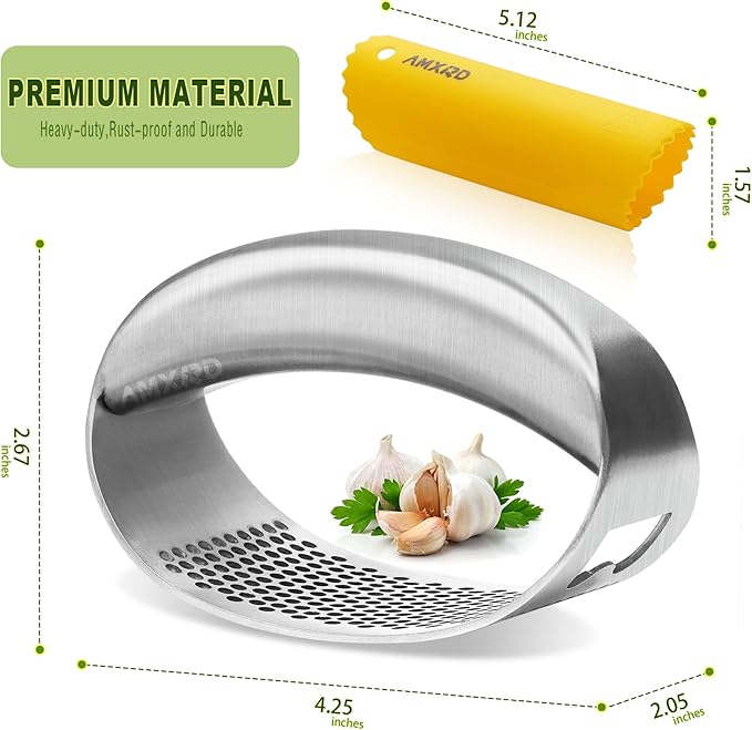 Garlic Press Rocker & Silicone Peeler, Stainless Steel Garlic Mincer Crusher Squeezer Kitchen Tool