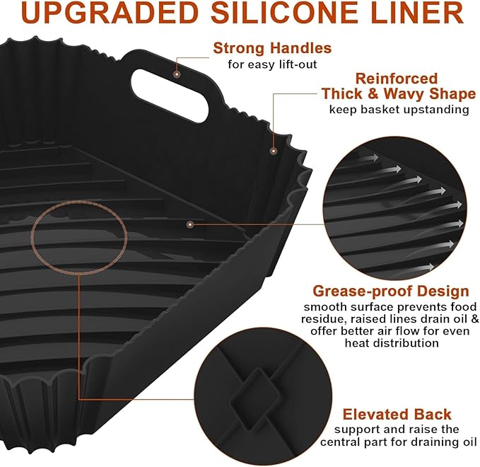 Large Silicone Air Fryer Liners Square 5-9 QT, 7.9 Inch Airfryer Liners Reusable 2 Pack Air Fryer Liners Pot Oven Liner Baking Tray, Air Fryer Basket Silicone Mat Bowl Air Fryer Accessories