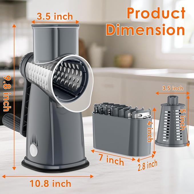 5 Blade Rotary Cheese Grater Hand Crank with Storage Box, Vegetable Chopper, Cheese Shredder for Cheeses, Veggies, Nuts - Easy to Use, Non-slip Suction Base, Gray
