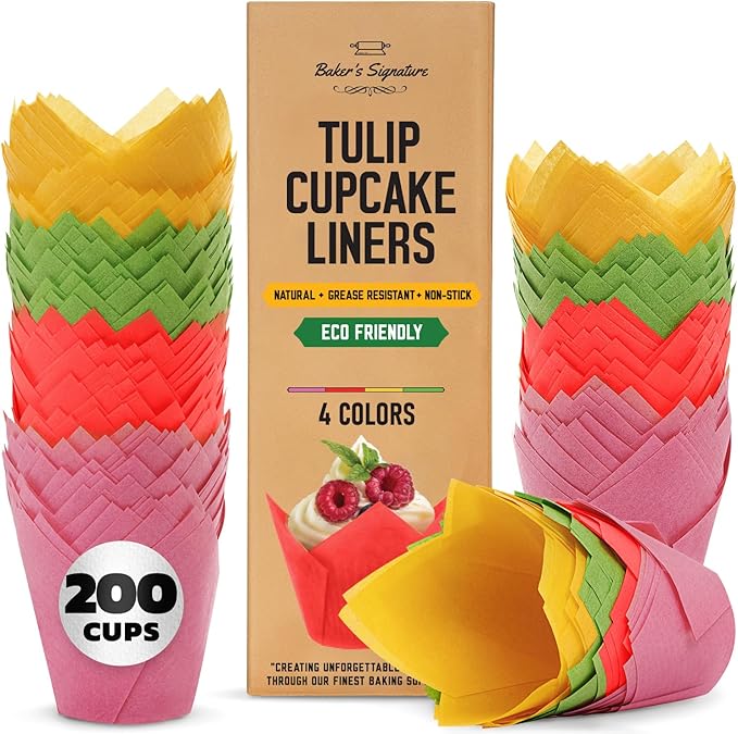 Tulip Cupcake Liners, Muffin Liners for Baking by Baker’s Signature – 200pcs of Parchment Paper Cups Cupcake Wrappers – Perfect Size, Sturdy, Greaseproof & Easy to Use – Colorful