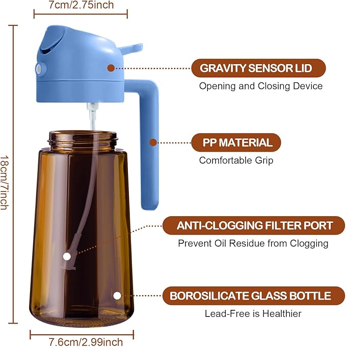 YARRAMATE 16oz/470ml Dark Brown Oil Sprayer for Cooking with Stickers, Food-grade Premium 2 in 1 Olive Oil Dispenser Bottle for Kitchen Gadgets, Air Fryer, Salad, Frying, BBQ (SkyBlue)