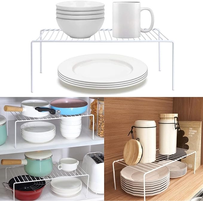 Kitchen Cabinet Shelf Organizer Set of 5, Large (15.7 x 9.4 inch) Metal Wire Pantry Storage Shelves, Dish Plate Racks for Cabinets, Freezer, Counter, Cupboard Organizers and Storage, White