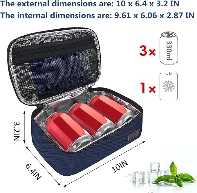 Gloppie Mini Lunchbox Small Lunch Bag for Men Women Insulated Lunch Box Thermal Lunch Boxes Adult Portable Cooler Bags Reusable Snack Bag, Blue