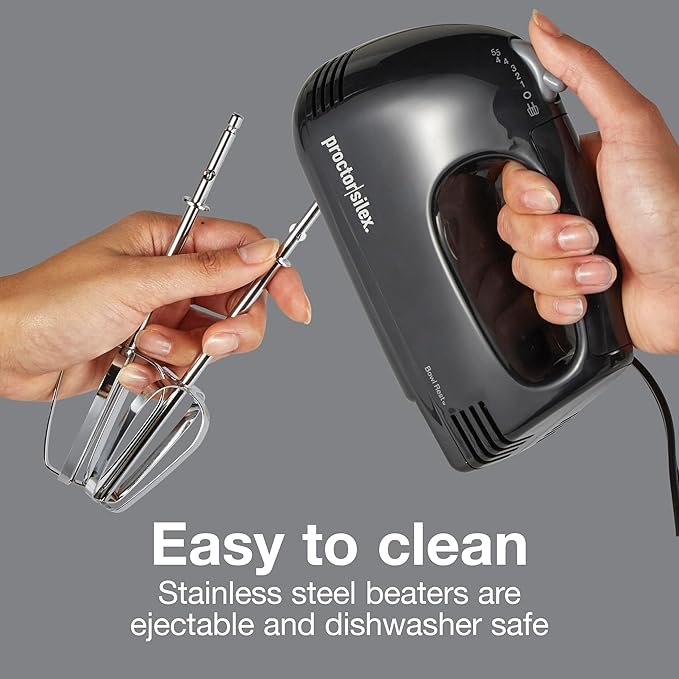 Proctor Silex Easy Mix 5-Speed Electric Hand Mixer with Bowl Rest, Compact and Lightweight, 100 Watts of Peak Power, Black (62507PS)