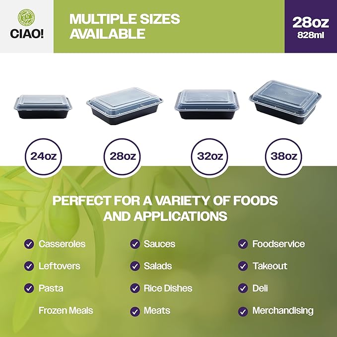 CIAO! Heavy Weight 28oz Injection Molded Microwavable Black Rectangular Food Container with Lid (150/case)