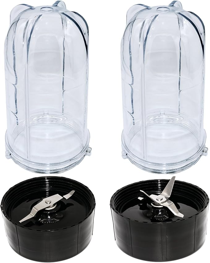 Blendin Replacement Tall Cups with Cross and Flat Blade Combo Compatible with Magic Bullet Blender MB-1001, MB-1001B, MBR-1101, MBR-1701, MBR-1702, MBR-0301 (2 Pack)