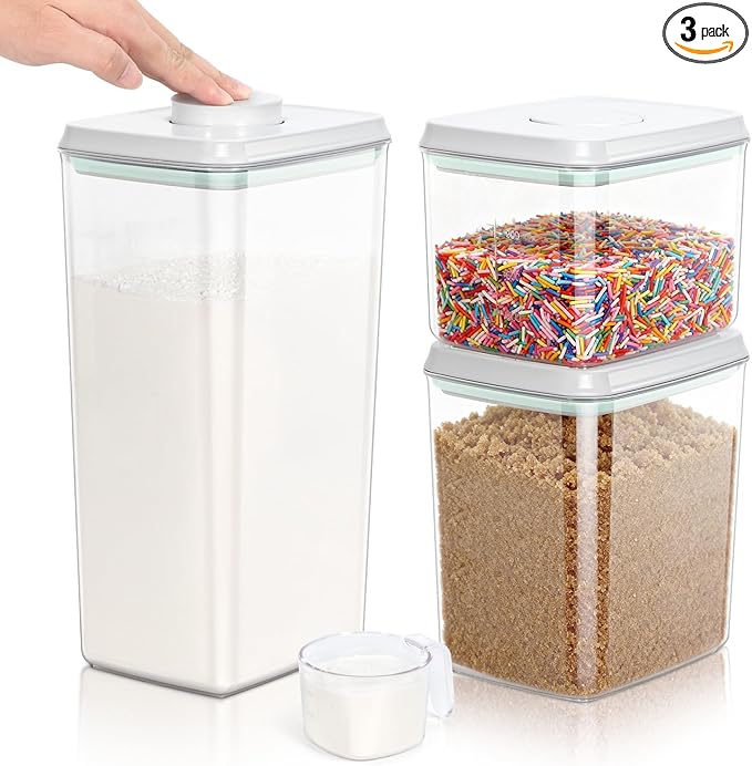 TBMax Flour Sugar Storage Container 3Pack 1.26+2.11+3.48 Quart, Airtight Food Storage Containers with Pop Up Lid & Measuring Scoop for Kitchen Pantry Organization